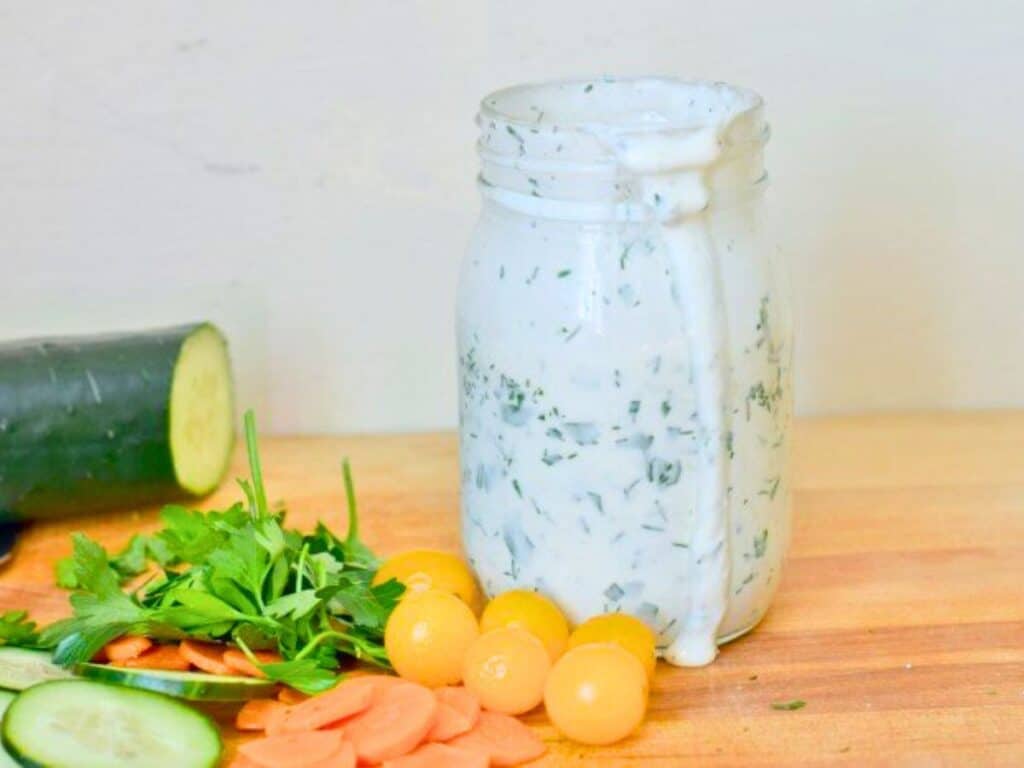 Image shows irresistible Greek yogurt ranch dressing.