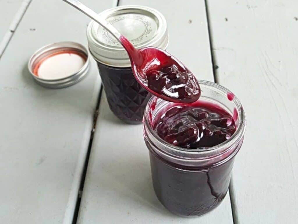 Image shows spoonful of easy to make blueberry syrup.