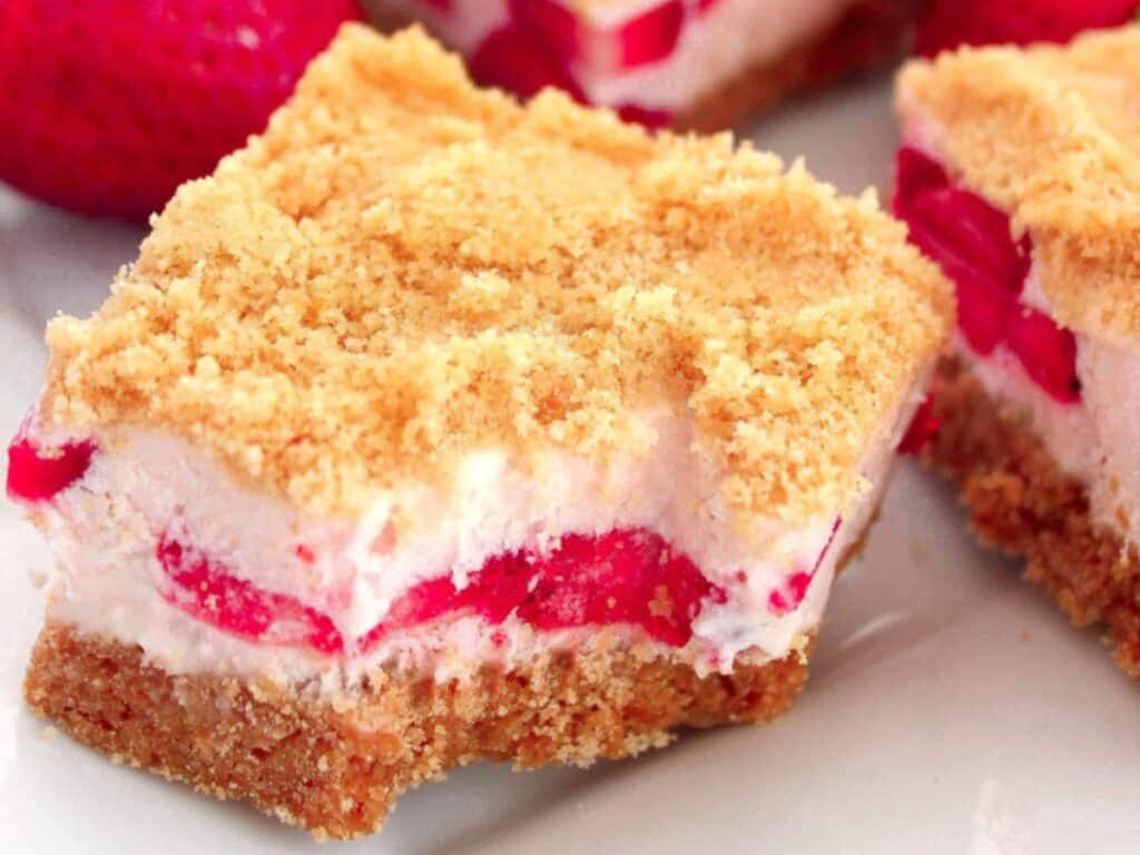 Image shows yummy strawberry shortcake bars.