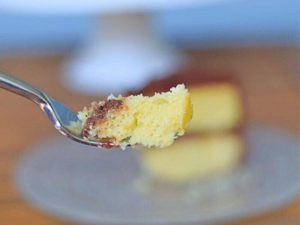 Image shows bite of easy to make yellow cake.