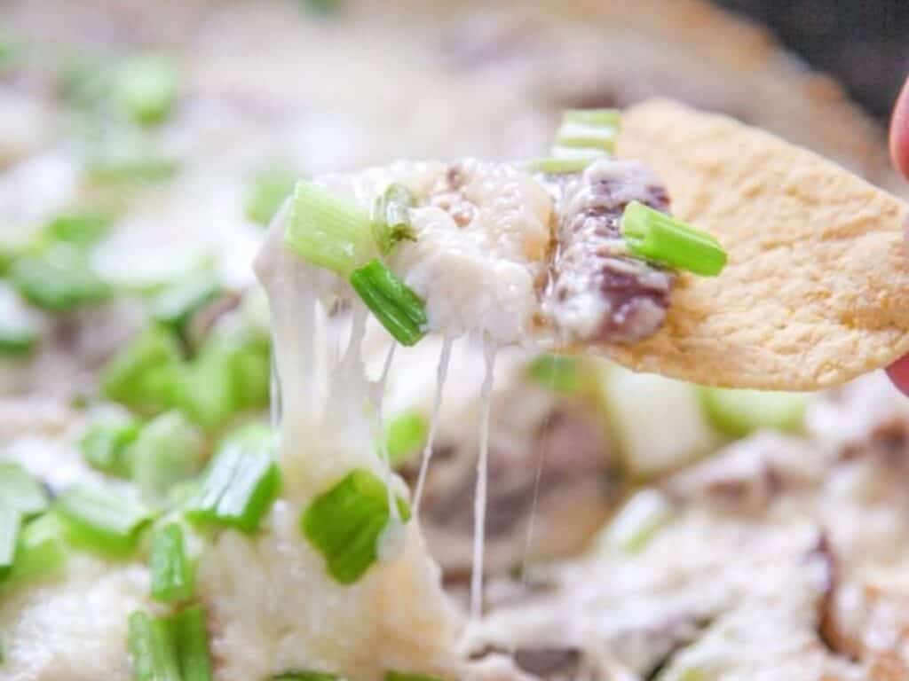 Image shows delicious philly cheesesteak dip.