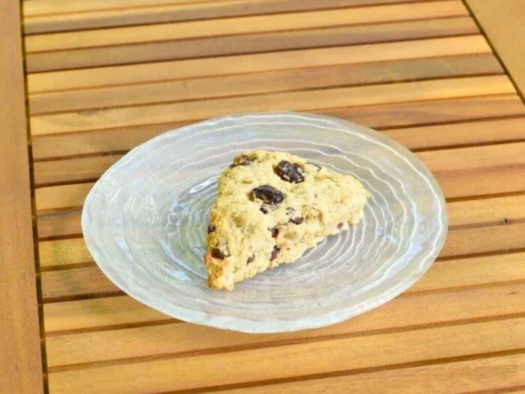 Image shows yummy cherry chip scone for breakfast.