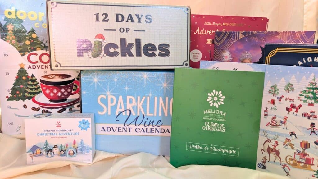 Advent Calendar collage sitting on a white cloth.
