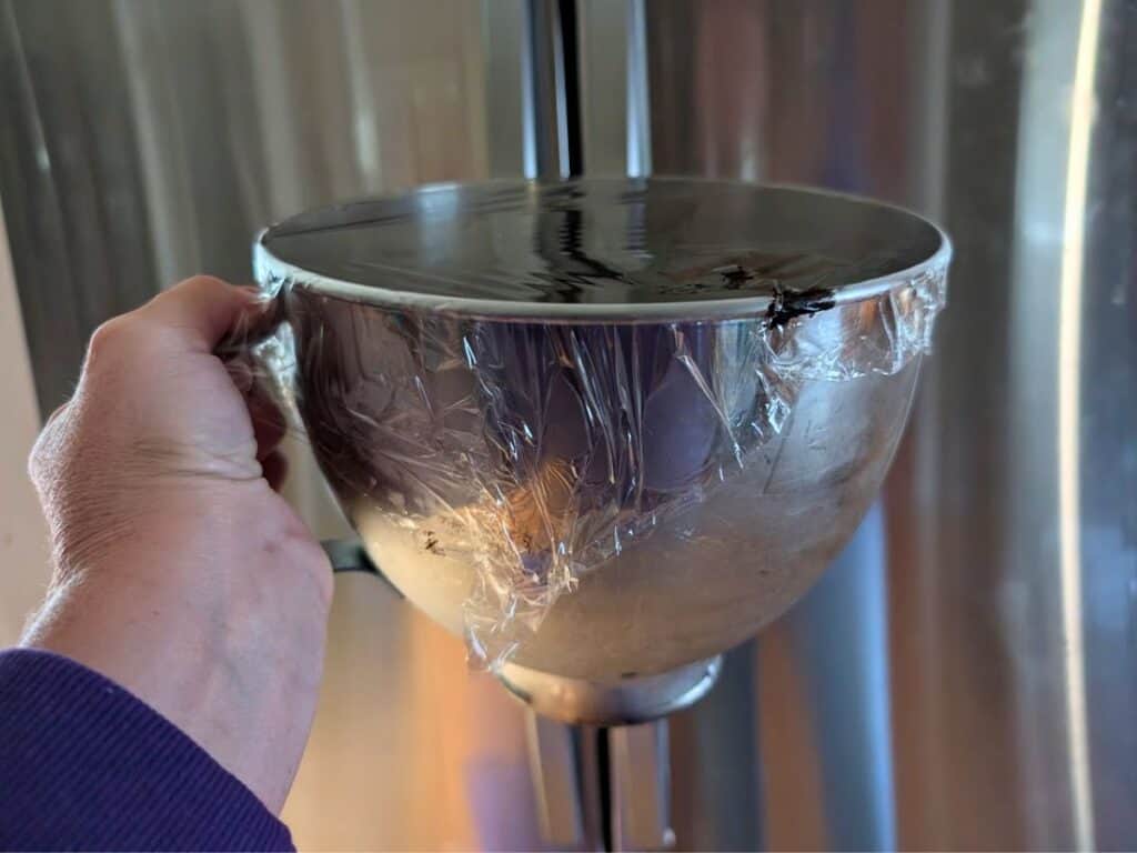 A hand holding a metal bowl covered with plastic wrap in front of a stainless steel refrigerator.