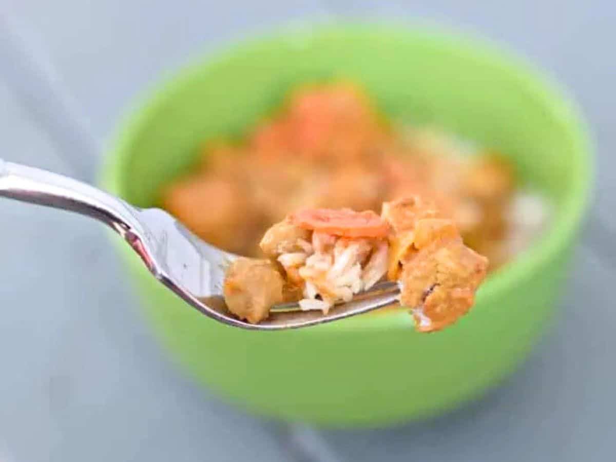 A close-up of a fork holding a bite of rice, vegetables, and chunks of meat, with a green bowl of food blurred in the background.