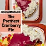 A slice of bright pink cranberry pie with whipped cream is served on a square plate featuring autumn pumpkin designs. Text overlay reads, "The Prettiest Cranberry Pie.