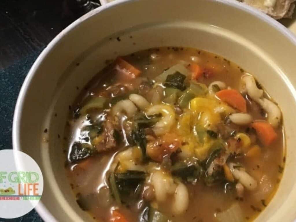 A bowl of vegetable soup with pasta, carrots, celery, greens, and beans in a clear broth.