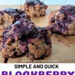 Four blackberry scones with a purple glaze sit on a wooden surface. Text reads: "Simple and Quick Blackberry Scones Recipe.