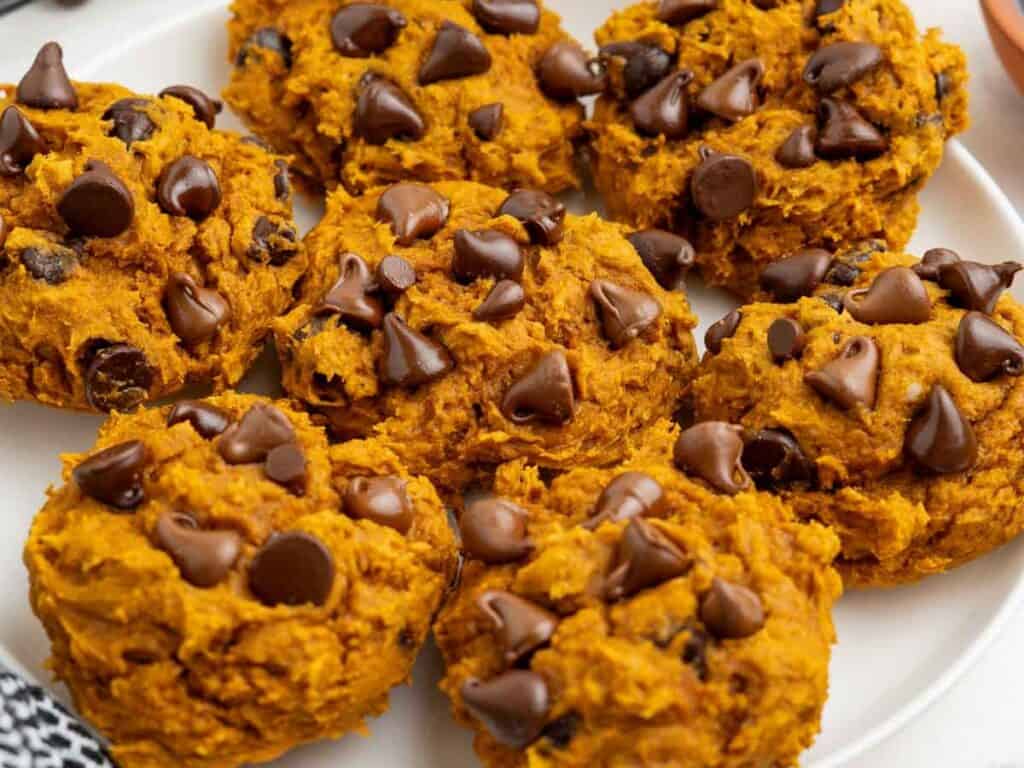 A plate of pumpkin chocolate chip cookies with visible chocolate chips on top, arranged in a close group.
