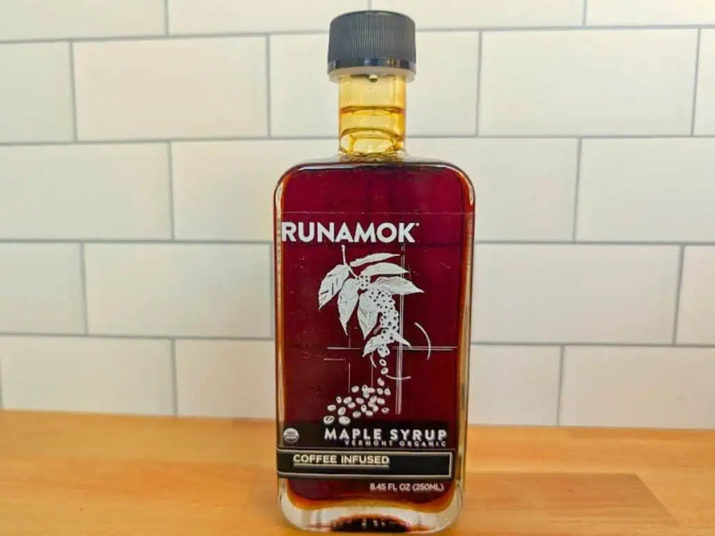 A bottle of Runamok coffee-infused Vermont organic maple syrup.