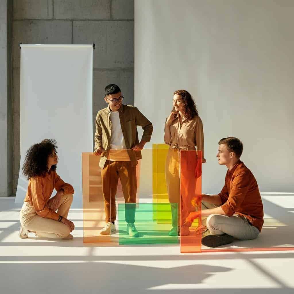 Farverige glaspaneler og unge personer i samtale, kreativ arbejdsplads, samarbejde og innovation, moderne kontormiljø, teamwork, design og kunst.