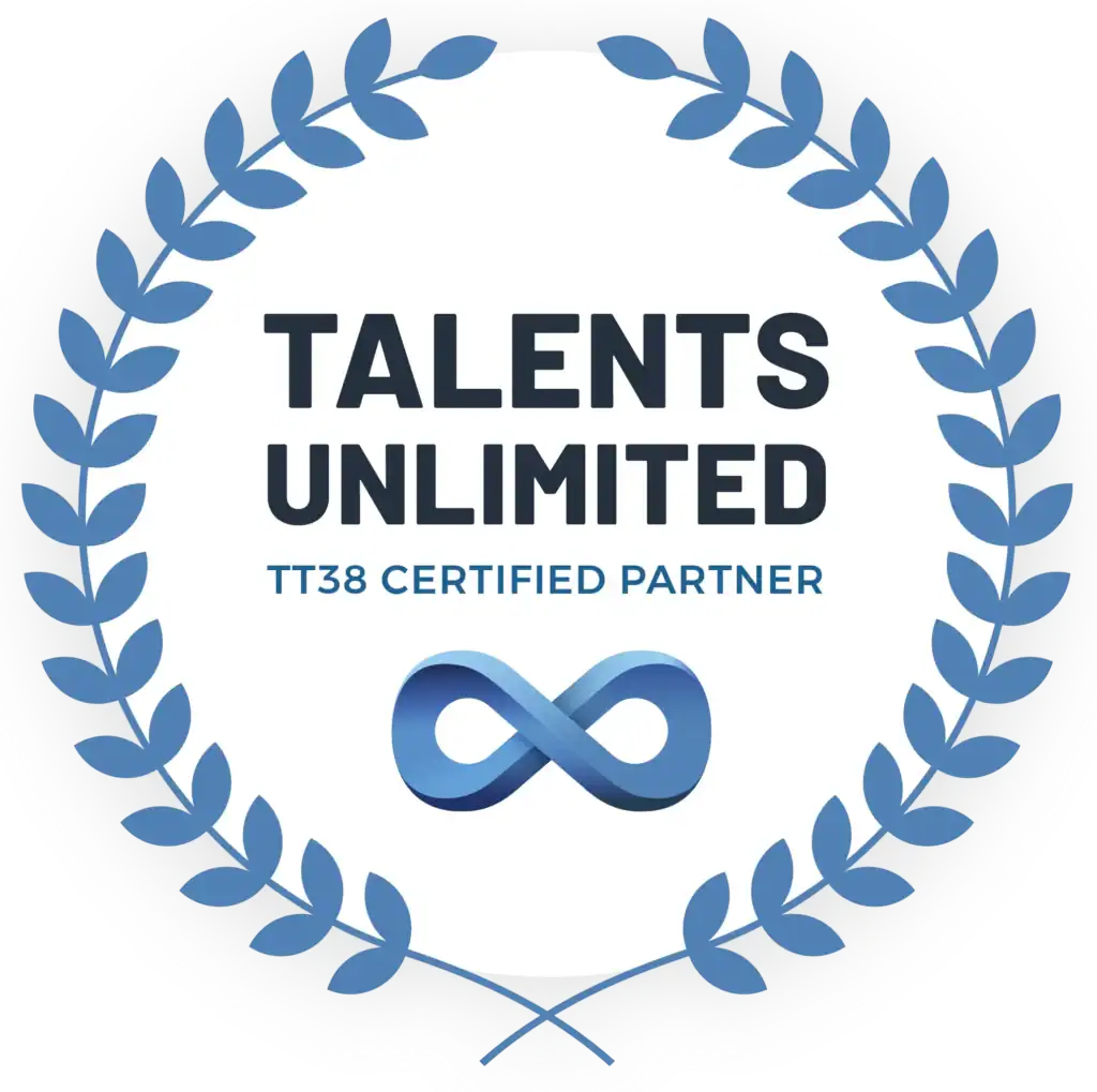 Kunstnerisk logo for Talents Unlimited, certificeret partner med TT38, i blå nuancer.
