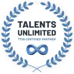 Kunstnerisk logo for Talents Unlimited, certificeret partner med TT38, i blå nuancer.