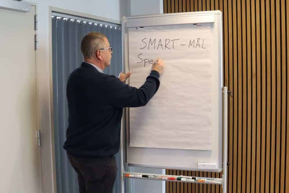 1. Menneske skriver på tavle med ordene "SMART-MÅL" og "SPEC" i et mødelokale.