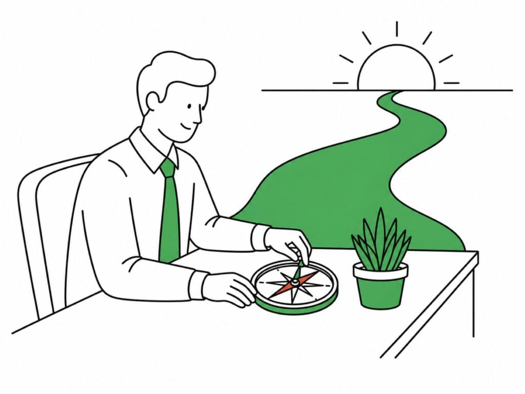 Mand med kompas og plante, symbol på strategisk ledelse og vækst.