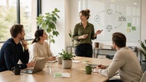 Kvindelig leder præsenterer strategier for teamet i et moderne kontormiljø.