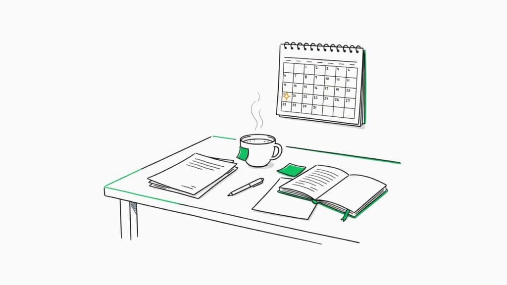 Arbejdsmiljø med kalender, kop, notesbog og pen på skrivebordet.