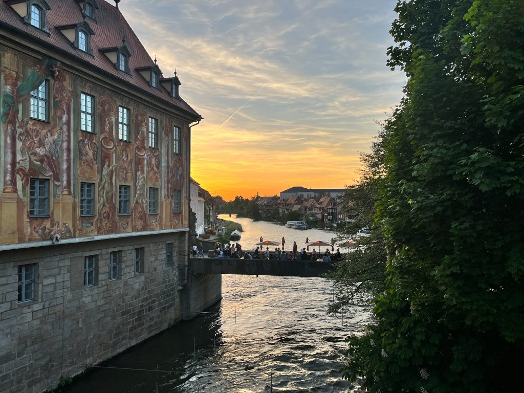 Sunset over the river Regnitz at the end of a weekend in Bamberg