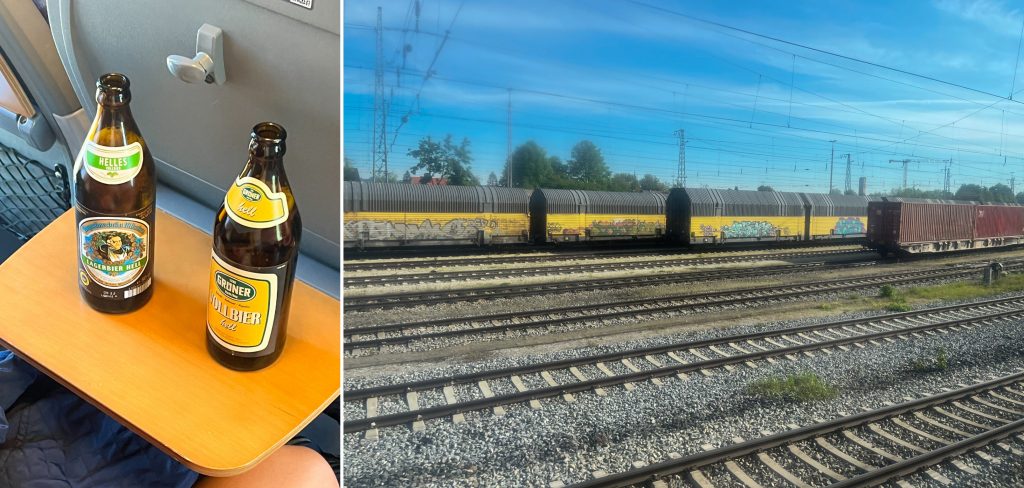 A bottle of Augustiner Helles Lager and a local Vollbier on the train en route to a weekend in Bamberg