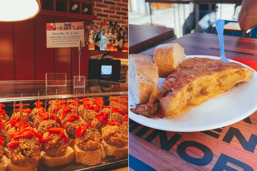 Black pudding tapas at El Globo and a slice of tortilla at El Huevo Frito