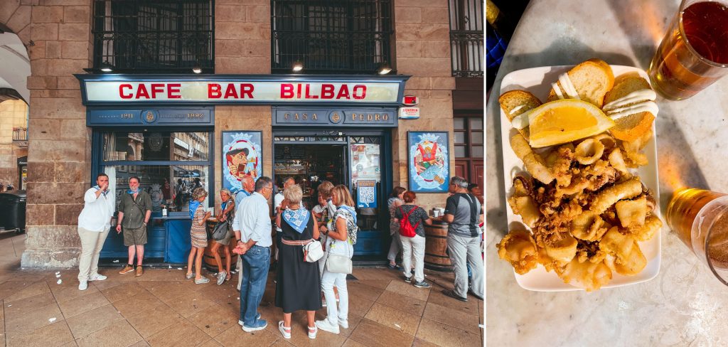 A montage of the front of Cafe Bar Bilbao and a plate of their calamari