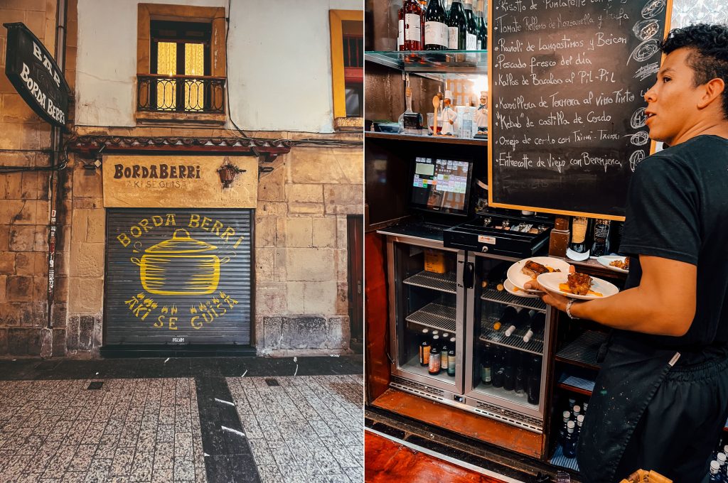 A montage of the exterior of Borda Berri and a bartender carrying plates of pintxos