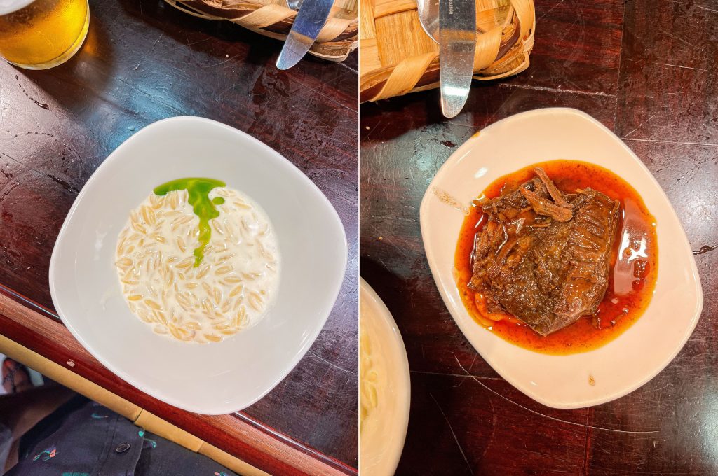 A risotto dish and a veal cheek dish at Borda Berri