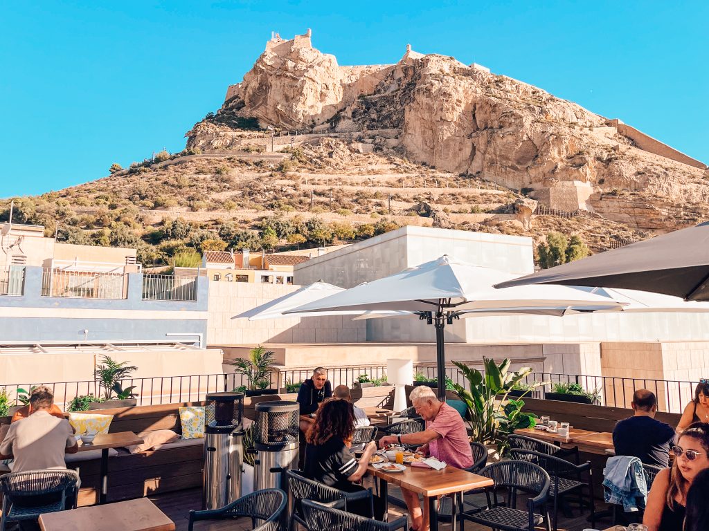 The view of Castillo de Santa Barbara from the Hotel La Milagrosa rooftop in Alicante