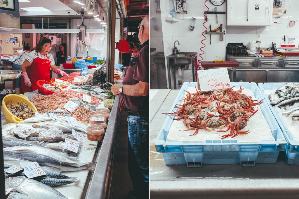 Images of seafood for sale at the Alicante Central Market