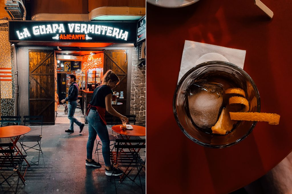 Montage of the exterior of La Guapa Vermuteria and a glass one of their vermouths