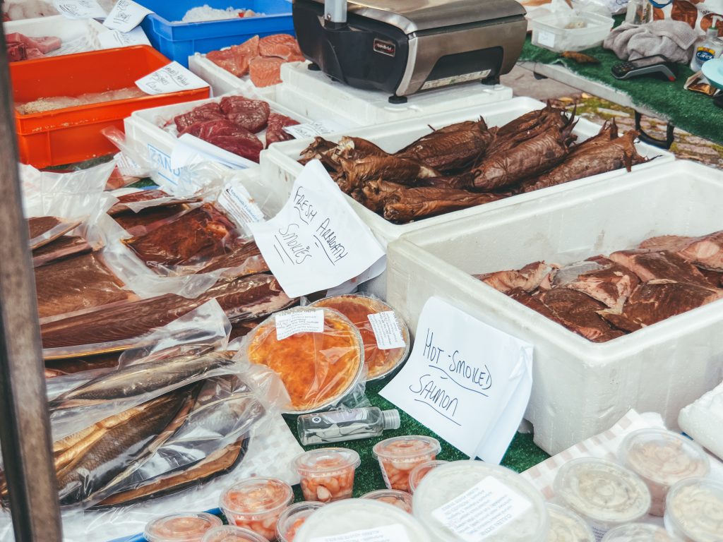 Salmon, kippers, and other fish for sale at Edinburgh Farmers Market