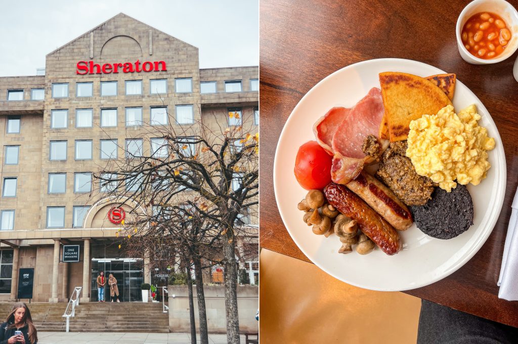 Montage of the exterior of the Sheraton Hotel in Edinburgh and a photo of their Scottish Breakfast