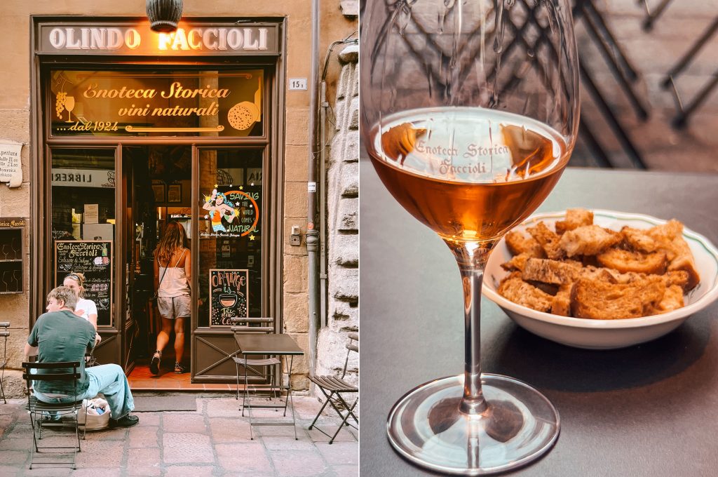 Shots of the outside and wines at Enoteca Storica Faccioli in Bologna