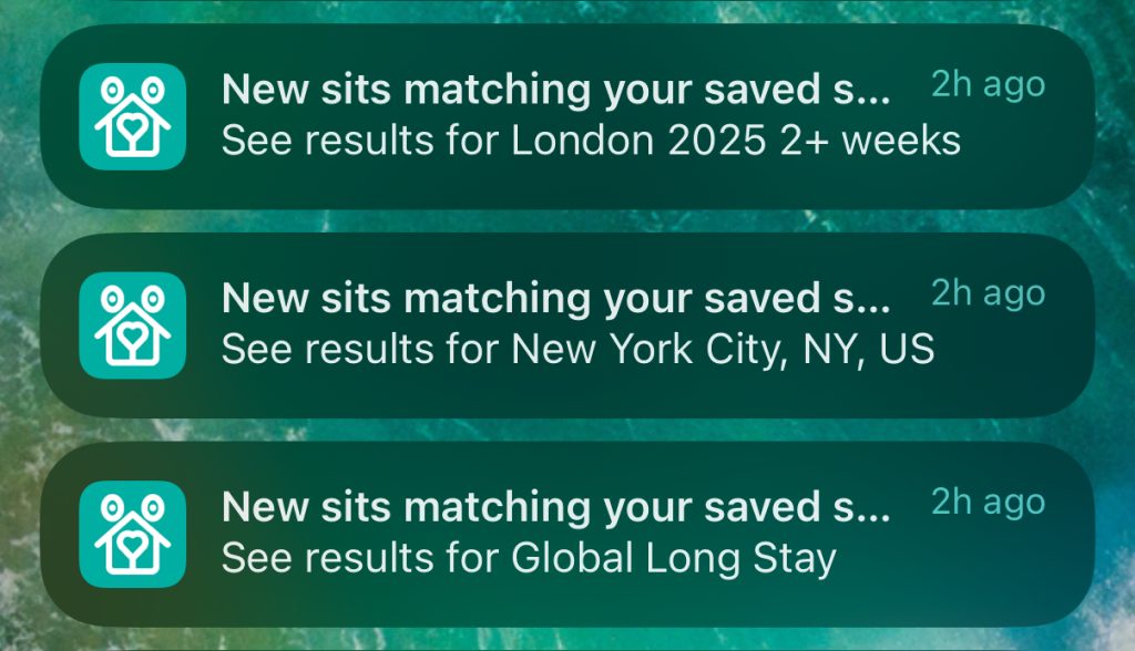 Phone notifications from the TrustedHousesitters app showing new sits for London, New York City, and global long stays, each received 2 hours ago.