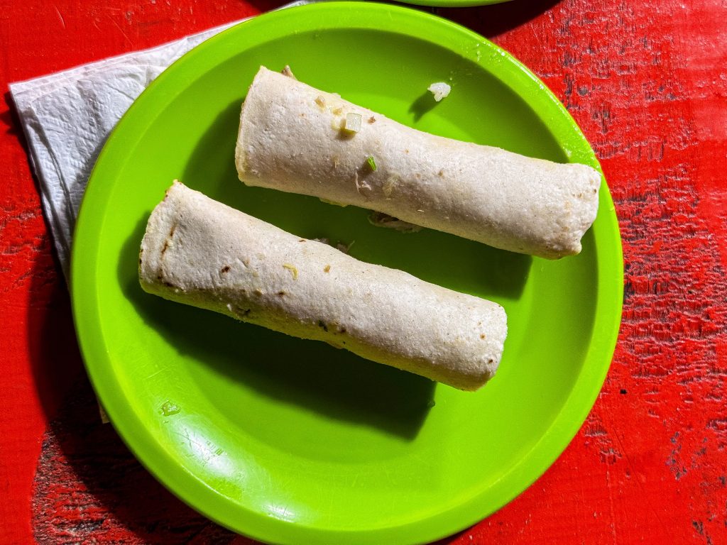 Two rolled tortillas on a bright green plate with a red background.