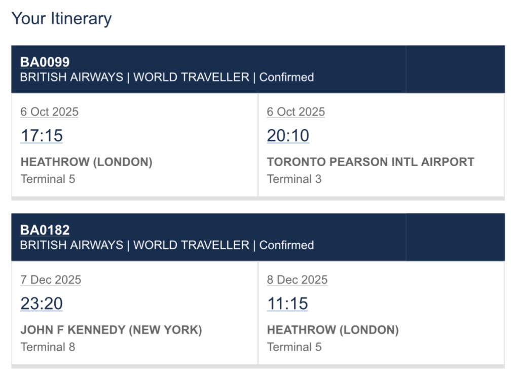 Flight itinerary: London to Toronto on Oct 6, 2025, Toronto to New York, then New York to London on Dec 8, 2025.