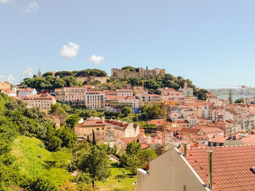 Sunny view of Lisbon with São Jorge Castle on a hill, colorful buildings, and green spaces in the foreground.