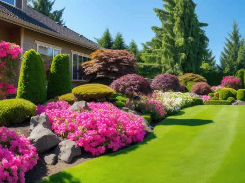 Creating a Lush, Vibrant Green Lawn: Expert Tips and Hints: Front yard, landscape design With multicolored shrubs intersecting with bright green lawns Behind the house is a modern, garden care service, green grass with a beautiful yard for the background.