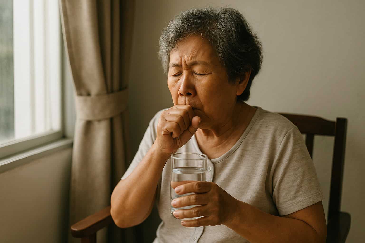 Elderly woman choking in a nursing home room