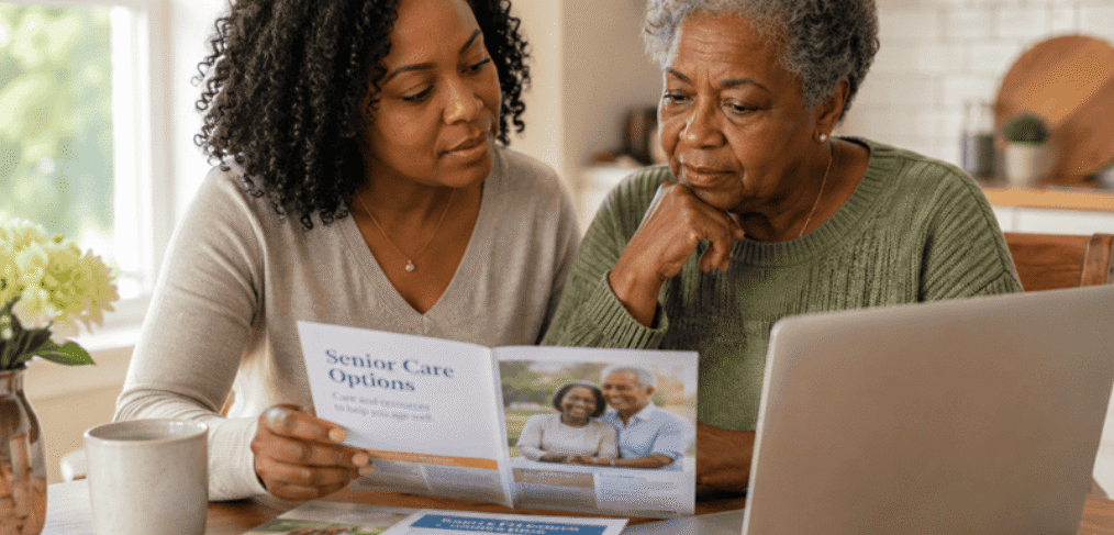 Adult daughter helping her elderly mother review Ohio senior care and nursing home resources at home