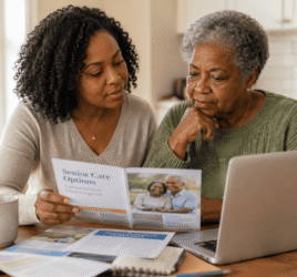 Adult daughter helping her elderly mother review Ohio senior care and nursing home resources at home