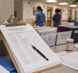 Ohio assisted living facility inspection paperwork and medication records at a nurse station during a residential care facility safety review leading to an assisted living facility complaint