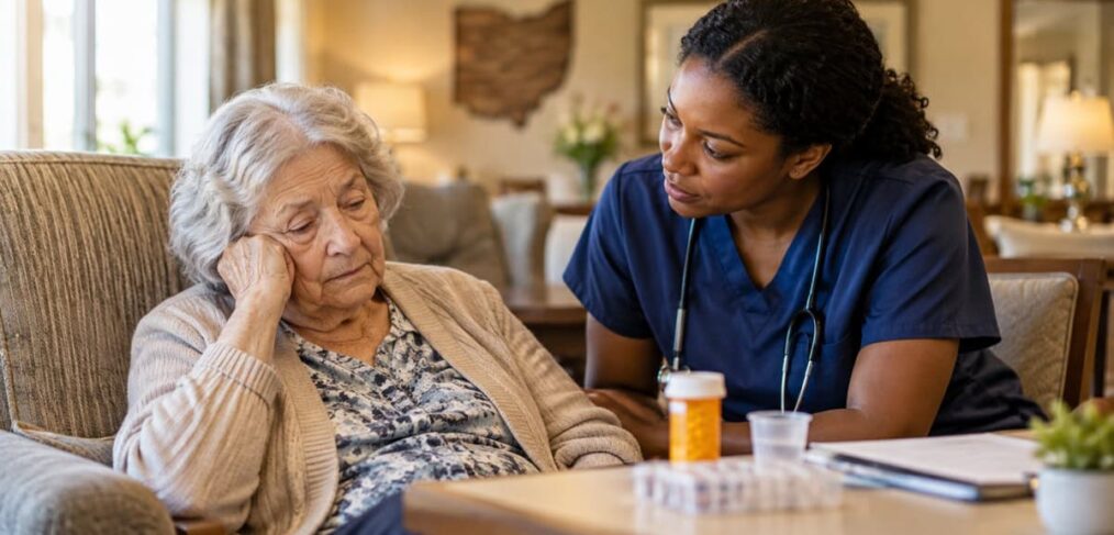 Older nursing home resident appearing tired while speaking with a nurse about medication