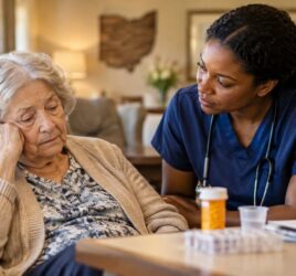 Older nursing home resident appearing tired while speaking with a nurse about medication