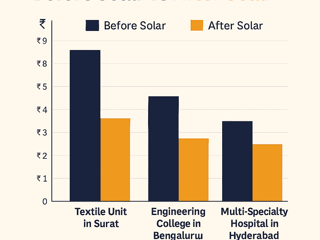 A simple bar chart image showing electricity cost savings before and after installing solar for commercial buildings