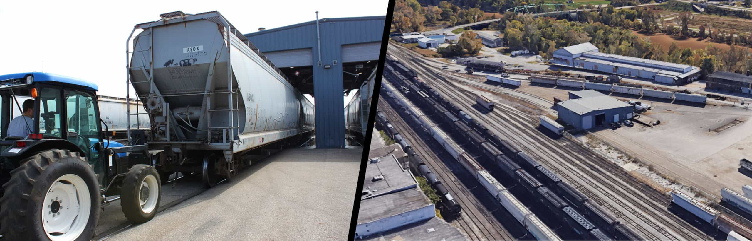 Two pictures of a tractor and a train.