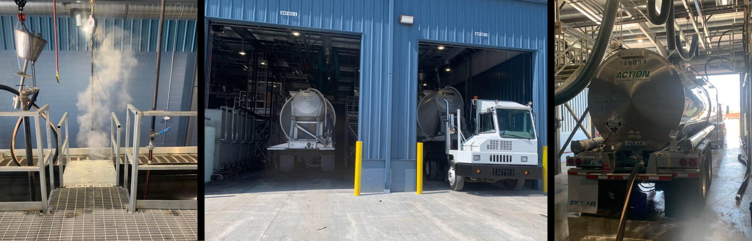Four pictures of a truck being cleaned in a garage.