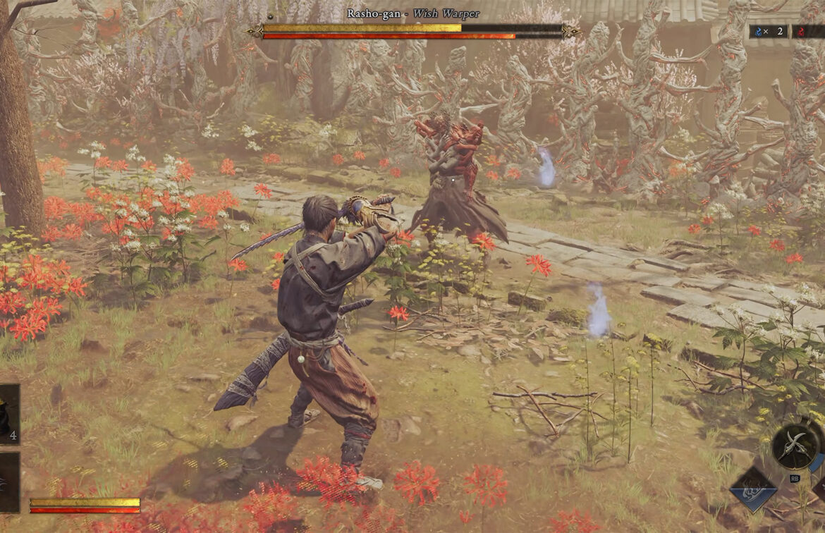 Player fighting a tree monster in a forest setting in Onimusha game.