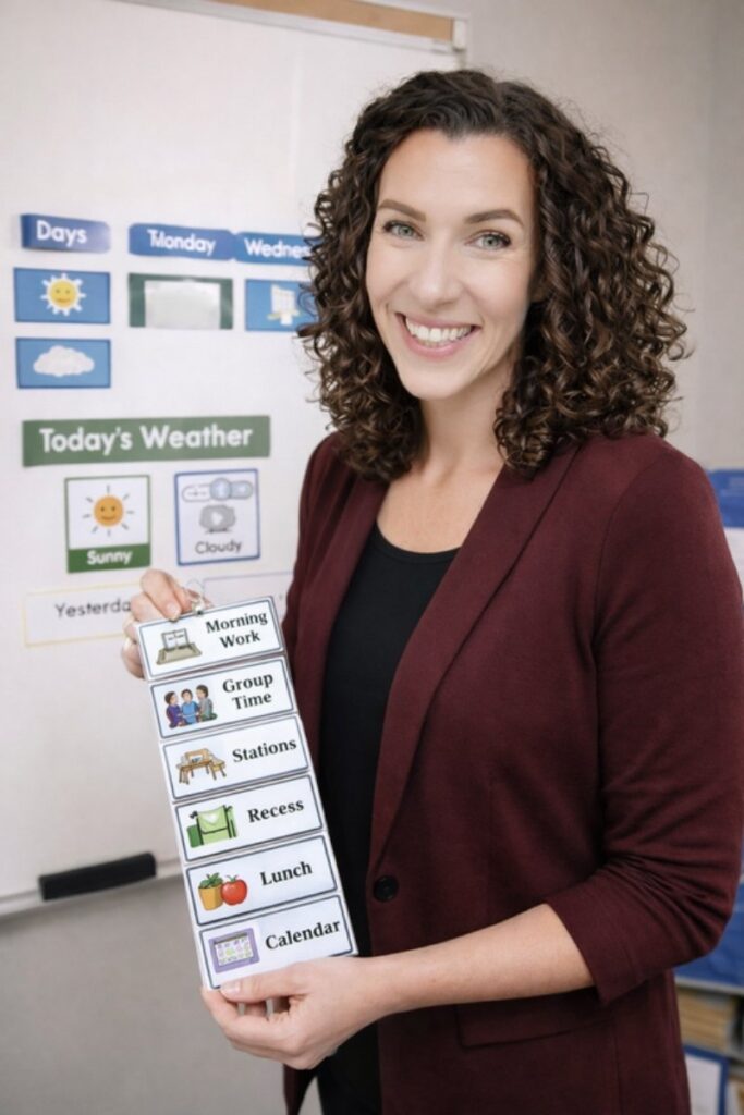 Jenn Adams holding a visual schedule she built for an autistic support classroom