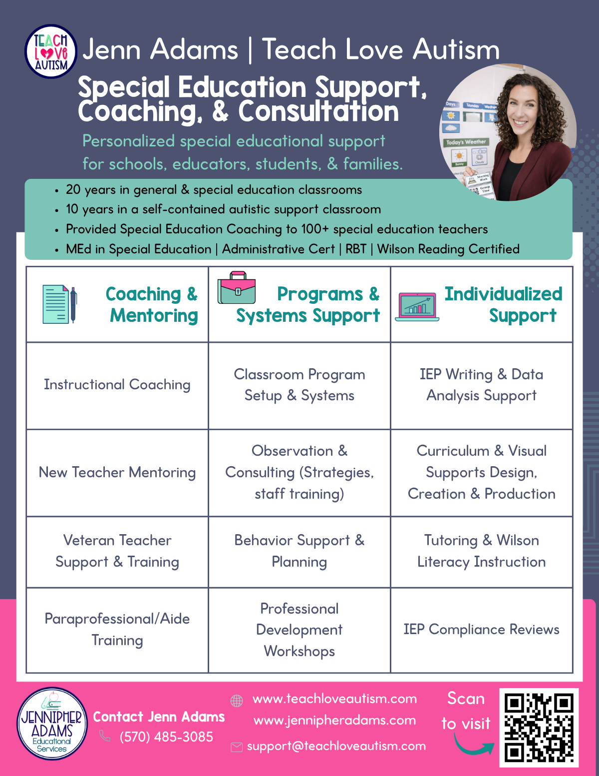 Special education consultant services one-pager for schools and districts by Jenn Adams